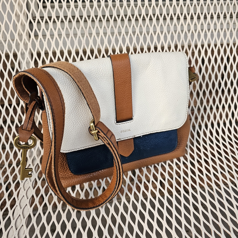 Fossil Women's Leather Crossbody Bag - White, Blue, and Tan
